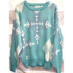 St. Johns Bay Women’s Teal/Purple & White Geometric Sweater Large Acrylic/Nylon